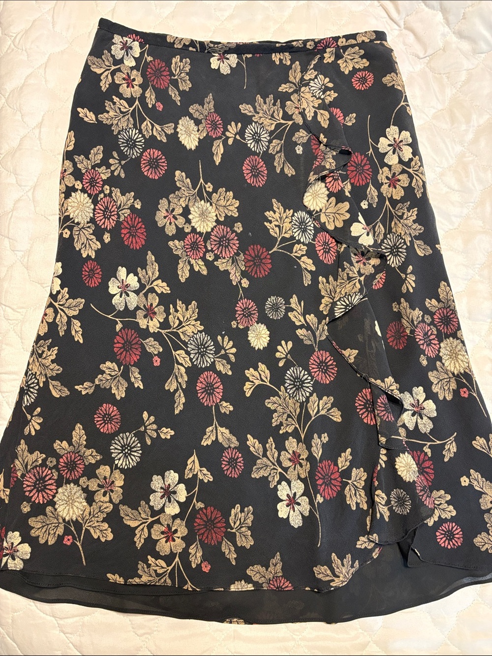 LOFT Black Floral Midi Skirt with Red and Cream Accents